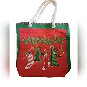 Tapestry Christmas stockings thick rope handles zip top TOTE bag holly Canvas